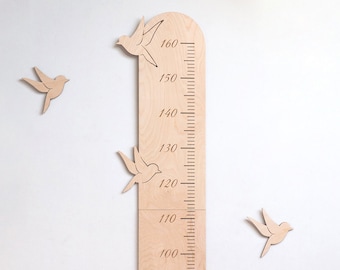 Courbe de croissance en bois avec oiseaux, Messlatte für Kinder mit mit Vögeln aus Holz für Kinderzimmer, mesure de la taille pour les enfants