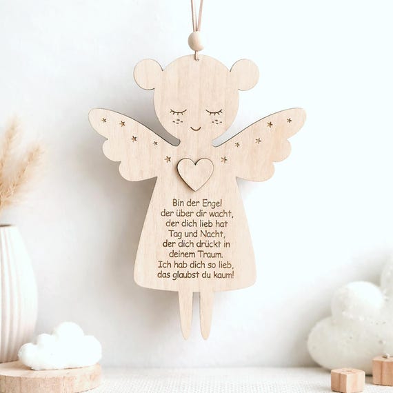 Guardian Angel with Prayer, Baptism Gift, Engel mit Gebet, Geschenk Taufe, Schutzengel aus Holz, Engel Anhänger, Patenkind Geschenk