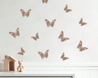 Set di 12 farfalle in legno, decorazioni in legno di farfalle, decorazione della stanza delle ragazze, arte della parete della scuola materna, Schmetterlinge aus Holz, Kinderzimmerdekoration