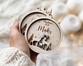 Gepersonaliseerde kerstbal met hertenfamilie, kerstversieringen, aangepaste kerstboomversiering, kerstversiering, naamornament