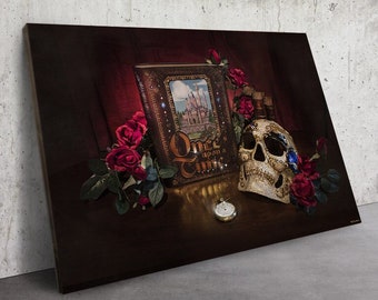 May include: A dark red background with a book titled "Once Upon a Time" with a castle illustration. A skull with a blue jewel and red roses are on a table with a pocket watch.