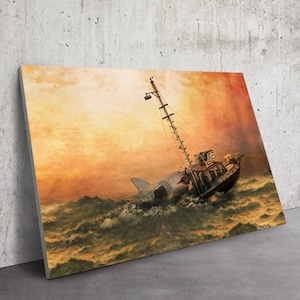 Quint&#39;s Last Ride Jaws Canvas Art, Pirate Ship Artwork, Coastal Home Decor, Jaws Movie Painting, Nature Art Print, Seascape Wall Hanging