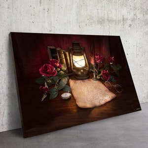 Cópia da arte da lona romance dramático, arte da vida morta da rosa vermelha, decoração romântica da sala de estar, arte romântica da lona do vintage