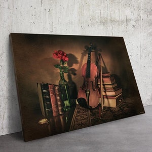 Rosa e Violino Canvas Art Print, Musical Still Life Art, Above the Mantle Artwork, Bedroom Decor, Violin Illustration, Violin Lover Gift