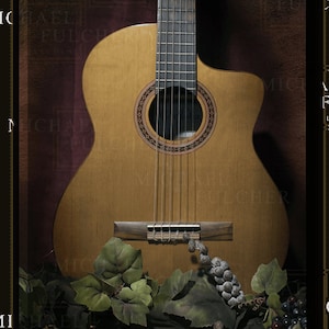 Impresión de arte de lienzo de guitarra de Córdoba, colgante Boho Wal, regalo para amantes de la música, arte de guitarra, arte de naturaleza muerta, impresión de póster Michael Fulcher Studios