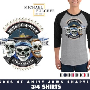 Sons of Amity Jaws Raglan Shirt, 3/4 Sleeve Amity Island Jersey