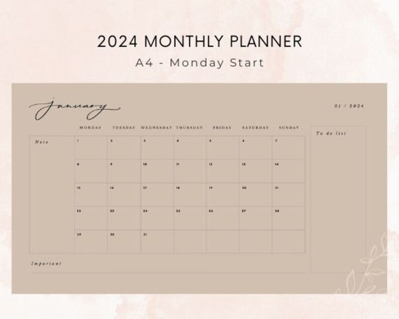 Printable Calendar 2024, Monthly Planner 2024, Minimalist Calendar, A4