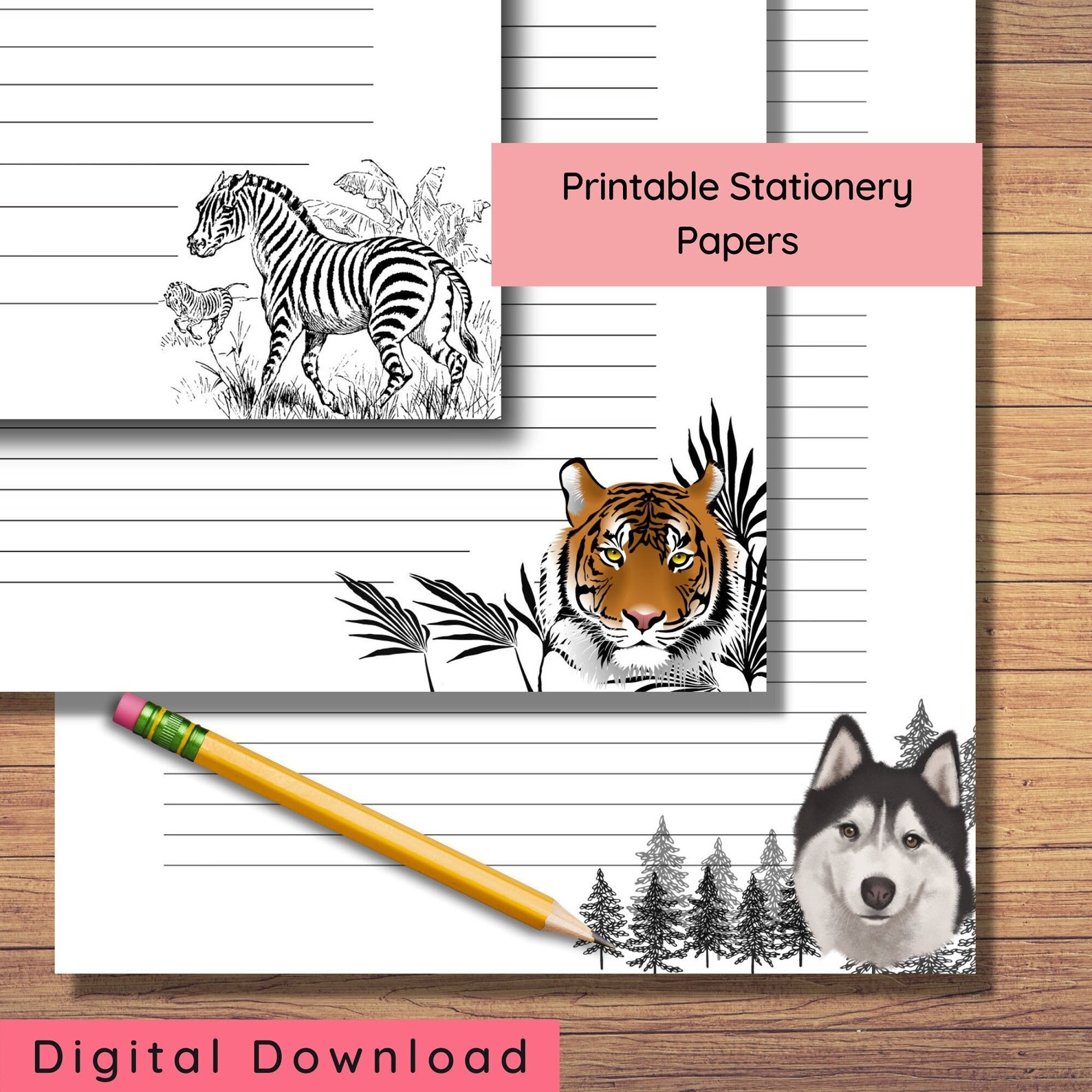 Printable Stationery Papers With Animal Design digital Download A4 US ...
