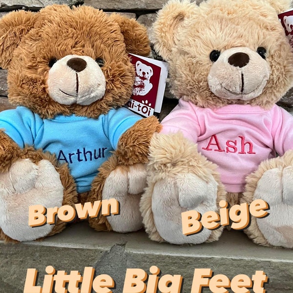 Little Big Feet and Furry Bear 10", personalized teddy bear with an embroidered t-shirt, gift for newborn, girlfriend/boyfriend gift, logo.