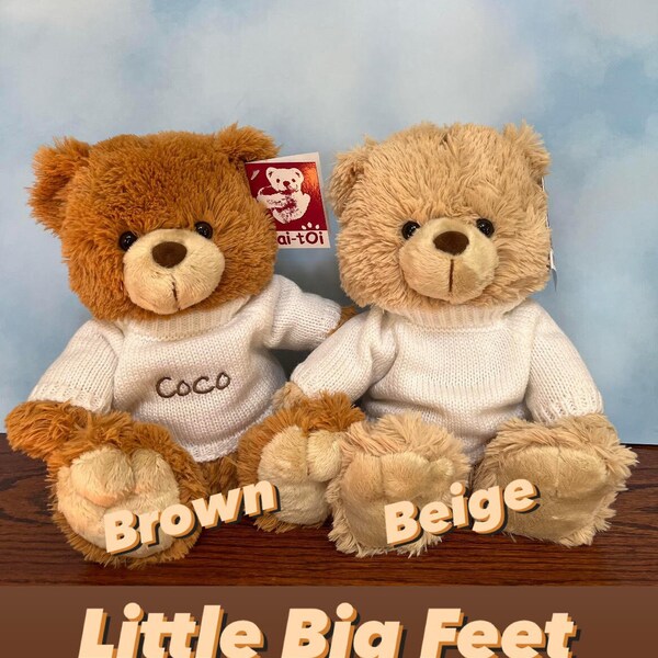 Little Big Feet, and Furry Bear 10" personalized teddy bear with an embroidered white knit sweater, gift for any occasion, very cute!