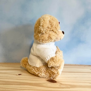 May include: A plush teddy bear in a seated position, wearing a white knitted sweater and a small red bow. The bear has tan fur and a brown nose. The background is a light blue sky.