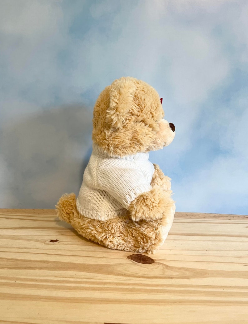 May include: A plush teddy bear in a seated position, wearing a white knitted sweater and a small red bow. The bear has tan fur and a brown nose. The background is a light blue sky.