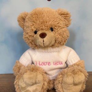 May include: A plush teddy bear with light brown fur, wearing a white sweater with "I love you" in pink lettering. The bear has a brown nose and is sitting on a wooden surface. The text "Little Big Feet" is above the bear.
