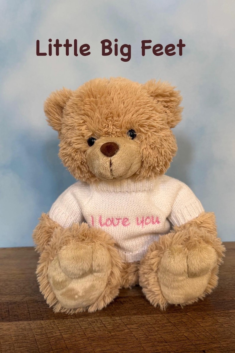 May include: A plush teddy bear with light brown fur, wearing a white sweater with "I love you" in pink lettering. The bear has a brown nose and is sitting on a wooden surface. The text "Little Big Feet" is above the bear.