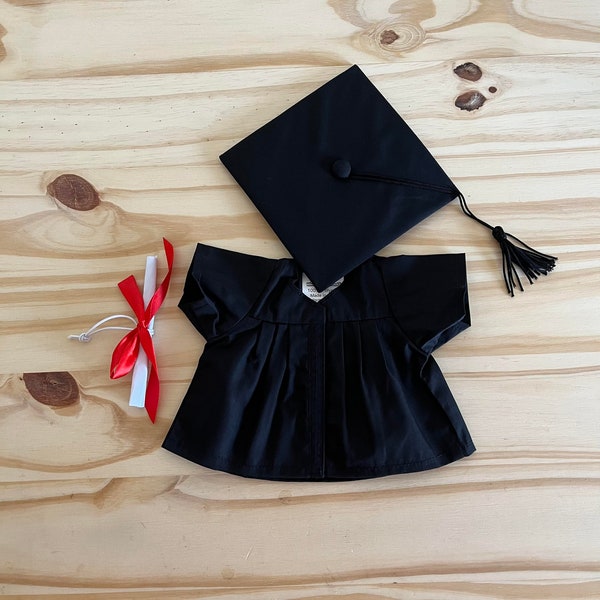 Personalized or plain Graduation Gown with Cap and Diploma for a 10" teddy bear, Graduation gift  (Teddy Bear is optional).