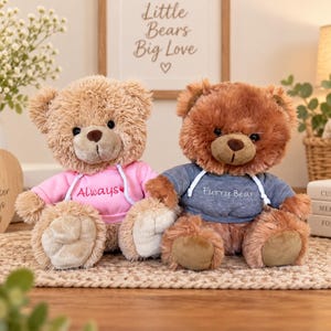 May include: Two plush teddy bears sitting side by side. The bear on the left is light brown and wears a pink hoodie with the text Always and a heart. The bear on the right is dark brown and wears a blue hoodie with the text Furry Bear.