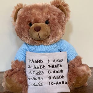 May include: A brown teddy bear wearing a light blue sweater, holding a white sign with black text. The sign displays the numbers 1 through 10, each followed by a series of letters. The bear has a brown nose and ears.