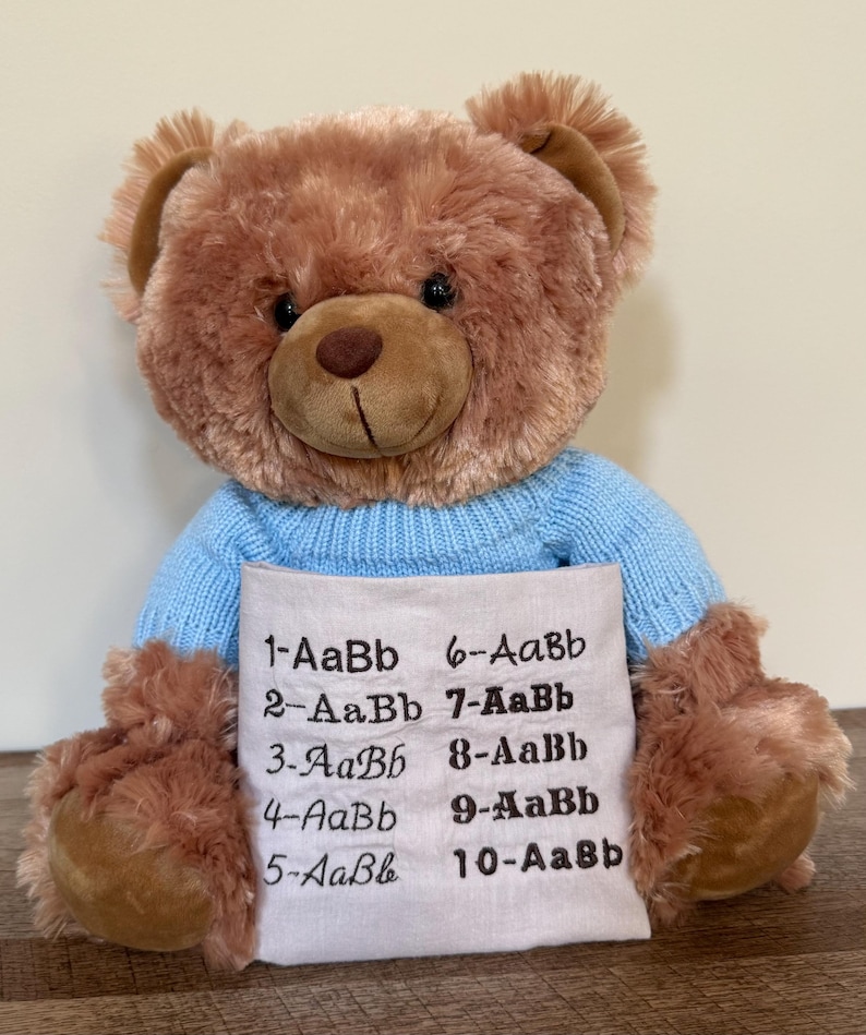 May include: A brown teddy bear wearing a light blue sweater, holding a white sign with black text. The sign displays the numbers 1 through 10, each followed by a series of letters. The bear has a brown nose and ears.