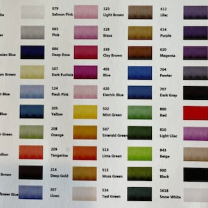 May include: A color chart featuring a variety of thread colors, each with a number and name. Colors range from white and silver to black and snow white, including shades of blue, green, red, and purple. The chart is designed for reference.