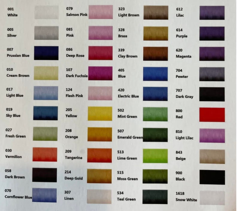 May include: A color chart featuring a variety of thread colors, each with a number and name. Colors range from white and silver to black and snow white, including shades of blue, green, red, and purple. The chart is designed for reference.