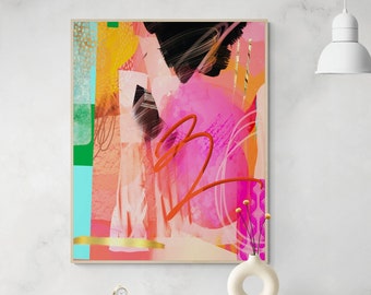 Abstract Art Print: Green, Orange, Pink Modern Wall Decor (Digital Download)
