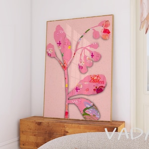 Art mural botanique rose abstrait, peinture verte en téléchargement numérique, art imprimable rose, impression d&#39;illustration florale, art moderne floral