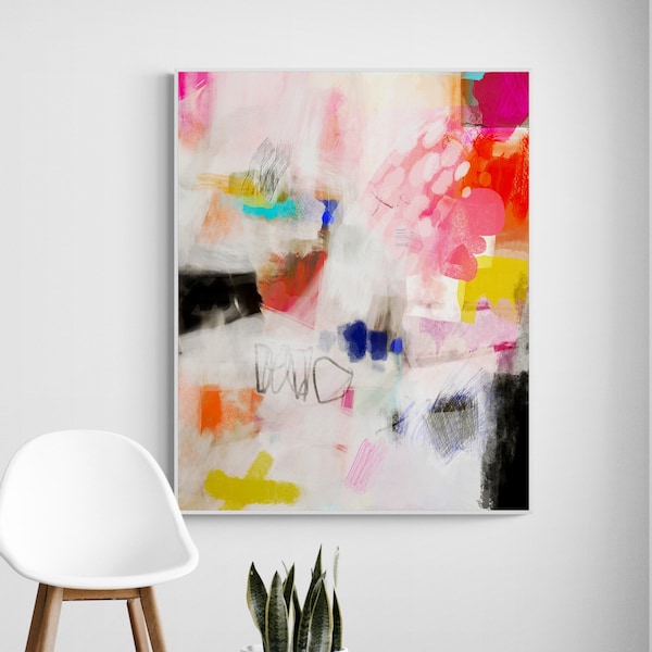 Modern printable abstract painting, Digital abstract art, Download wall decor, Colorful abstract painting, White and multicolor large art