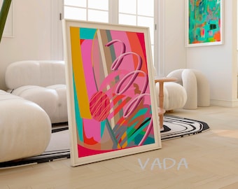 Peut inclure: Impression d'art abstrait dans un cadre blanc avec un schéma de couleurs rose, jaune, bleu, vert et orange. L'impression présente un motif de spirale rose et des formes géométriques.