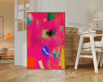 Peut inclure: Impression d'art abstrait avec un fond rose et des formes, des lignes et des textures colorées. L'impression est encadrée dans un cadre en bois.