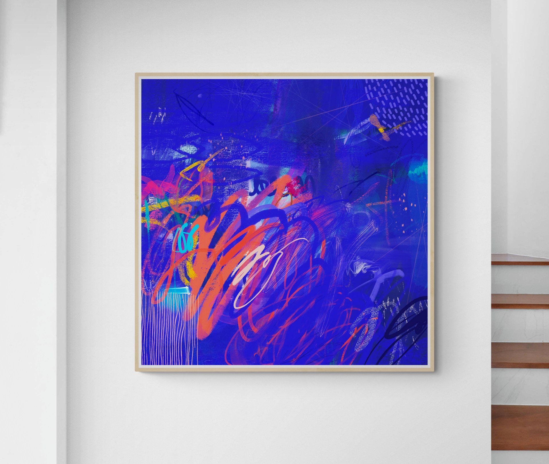 Bright Blue Printable Abstract Art Print Vibrant Blue Etsy
