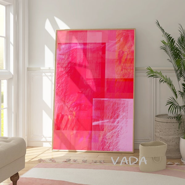 Printable abstract art, Bright pink abstract painting, Digital download wall art, Colorful vibrant wall decor, Pink minimalist wall art