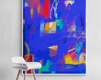 May include: Abstract art print with a blue background and colorful shapes and lines. The print is framed and hanging on a white wall.
