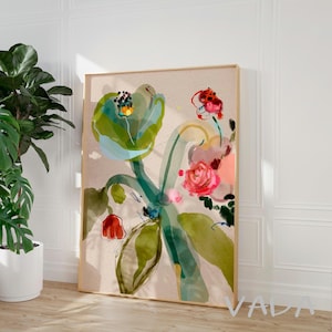 K&ouml;nnte beinhalten: Abstrakte Aquarellmalerei von Blumen in Rosa-, Rot-, Gr&uuml;n- und Blaut&ouml;nen. Die Blumen sind in einem lockeren, organischen Stil angeordnet, und der Hintergrund ist in einem weichen, neutralen Farbton gehalten.