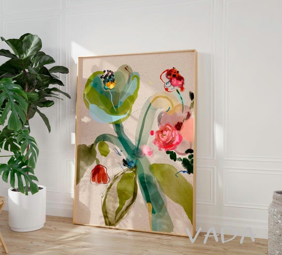 Abstract Botanical Print: Green & Pink Floral Watercolor (Digital Download)