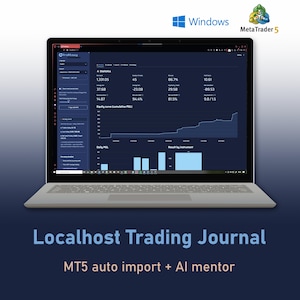 Op de afbeelding: Een zilveren laptop met een donker trading journal-interface met statistieken, een equity curve-grafiek en dagelijkse P&L-diagrammen. Het scherm toont de tekst Localhost Trading Journal, MT5 auto import en AI mentor, samen met de logo's van Windows en MetaTrader 5.