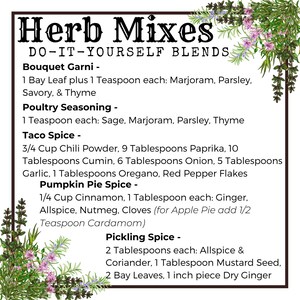 May include: A white card with black text listing different herb mixes for cooking. The card has a green border and a floral design with pink flowers and green leaves. The text includes "Herb Mixes", "Do-It-Yourself Blends", "Bouquet Garni", "Poultry Seasoning", "Taco Spice", "Pumpkin Pie Spice", and "Pickling Spice".