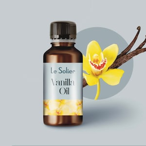 May include: A brown glass bottle with a white label that reads "Le Solier Vanilla Oil". The bottle is surrounded by yellow vanilla flowers and brown vanilla beans.