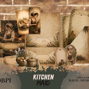 Könnte beinhalten: Ein Set aus Schreibwaren und Ephemera im Vintage-Stil mit Illustrationen einer Person in der Küche, Brotkörben, Lavendel, einem Kochtopf und linierten Papieren mit dem Text "Mein Rezept", "KITCHEN MAID", "300BPI" und "MAGIC-MEMORIES".