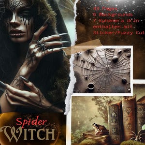 Puede incluir: Un collage digital que presenta a una mujer con cabello y maquillaje oscuros, vestida con un vestido negro y sosteniendo una araña. El collage también incluye una telaraña, una taza de café y tres libros antiguos con una rana sentada encima. El texto "Spider Witch" está escrito en una fuente grande en la parte inferior del collage.