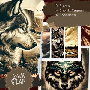 Puede incluir: Una descarga digital de un kit de diario imprimible con temática de lobo. El kit incluye 9 páginas, 4 páginas cortas y 4 efímeras. La portada presenta una ilustración detallada de una cabeza de lobo en estilo vintage.