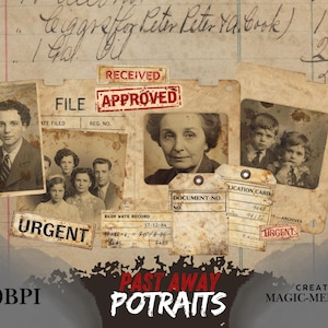 Könnte beinhalten: Eine Collage aus Vintage-Fotografien und Dokumenten in Sepia-Tönen. Das Bild zeigt Porträts von Personen, Karteikarten und Stempel mit den Worten "Genehmigt" und "Dringend". Der Text "Past Away Portraits" ist sichtbar.