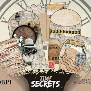 Könnte beinhalten: Eine Collage aus Ephemera im Vintage-Stil mit einer Uhr, einem Hut und einem Fernglas. Das Design umfasst Tags, Etiketten und einen Zeitungsausschnitt mit den Worten "Financial Crisis". Der Text "Time Secrets" ist ebenfalls sichtbar.