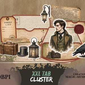 Könnte beinhalten: Eine Sammlung von Papier-Ephemera mit einem Mann im Mantel, einem schwarzen Raben, einem Zylinder, einem braunen Koffer, einer Laterne, einer Straßenlampe und einer Karte von London. Das Set enthält ein Beweisschild, ein Wachssiegel und den Text XXL TAB CLUSTER.