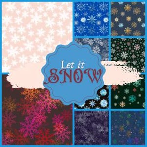 May include: A collage of nine different snowflake patterns in various colors, including white, blue, gold, and red. The text "Let it SNOW" is in the center of the image.