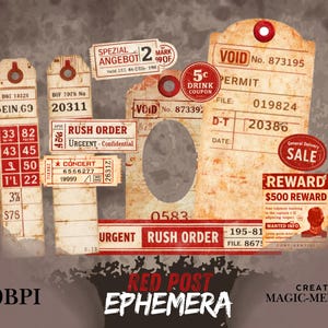 Könnte beinhalten: Eine Sammlung von Papieranhängern und Etiketten im Vintage-Stil in verschiedenen Formen und Größen. Die Anhänger weisen gealterte Texturen, Rot- und Brauntöne sowie gedruckten Text auf, darunter die Wörter "RUSH ORDER" und "SALE". Das Bild enthält auch den Text "RED POST EPHEMERA".