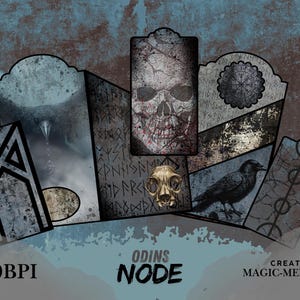 Op de afbeelding: Een collage van gestileerde illustraties met een gotisch thema. De afbeeldingen bevatten een schedel, een raaf, runen en een kompasroos. De tekst "ODINS NODE" en "MAGIC-MEMORIES" zijn ook aanwezig. Het kleurenpalet is voornamelijk grijs, blauw en bruin.