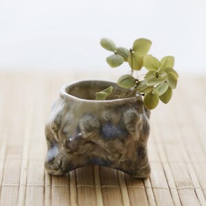 May include: A small, ceramic planter with a textured, blue and brown glaze. The planter has a unique, organic shape and is sitting on a bamboo mat. A sprig of dried greenery is in the planter.