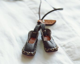 Handcrafted Japanese Leather Mini Ballet Shoes Necklace in Brown | Rare Archive Collection Piece E00069