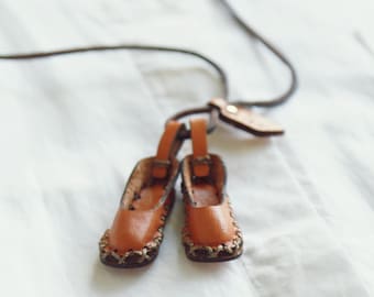 Handcrafted Japanese Leather Mini Ballet Shoes Necklace in Camel  | Rare Archive Collection Piece E00070