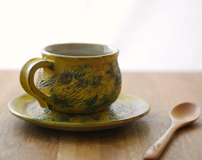 Featured listing image: Shannon's Hand-Carved Ceramics Coffee Cup & Plate ~ The Sunflower Set (Vibrant Yellow)